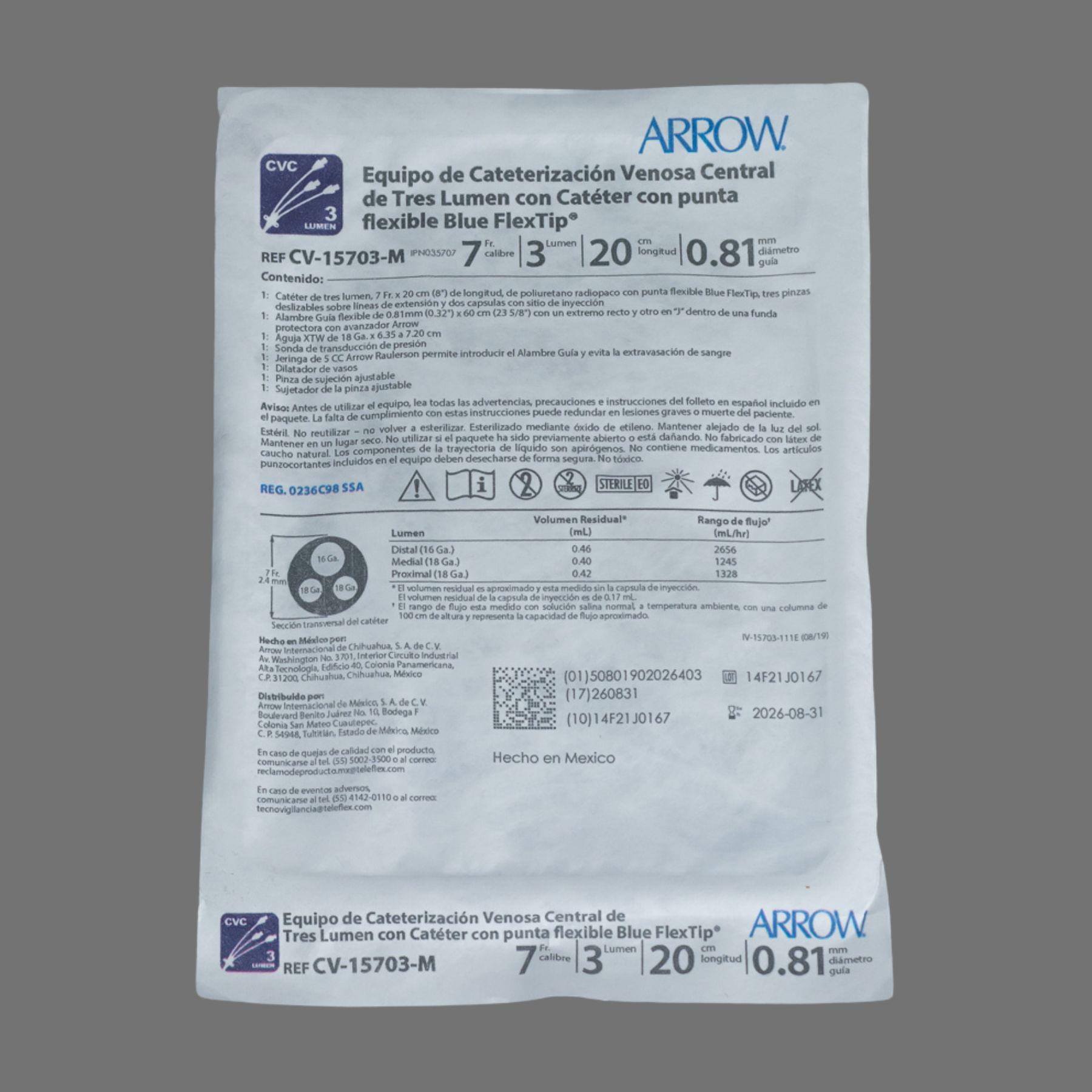 Cateter Venoso Central Adulto 7 FR 3 Lumen - CV-15703-M